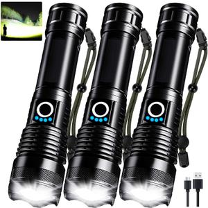 3 Pack Rechargeable LED Flashlights High Lumens, 90,000LM Super Bright Flashlight, Adjustable 5 Modes Powerful Flash Light with USB Cable, Waterproof Handheld Flashlight for Home Camping Emergencies