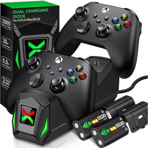 Upgraded Controller Charger Station with 2x5520mWh Rechargeable Battery Packs for Xbox One/Series X|S, Dual Charging Dock with 4 Battery Covers (Black)