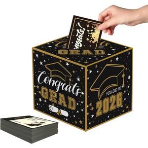 6 x Graduation Decorations 2026,Graduation Card Box with 45 Advice Cards, Black Gold Congrats Grad Wish Card Holder Box for Graduation Party Decorations