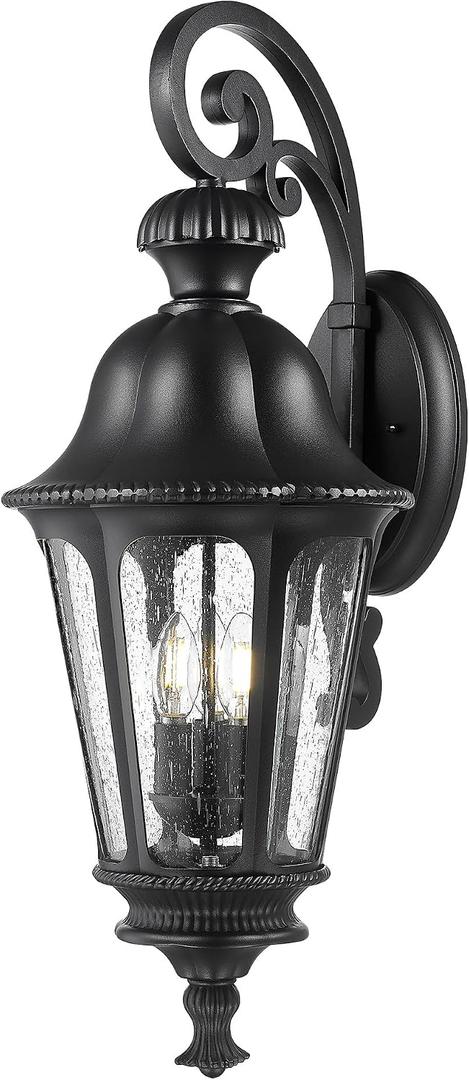 Outdoor Light Fixtures, HWH Exterior Wall Sconce Lantern with Seeded Glass, 29'' Large Outdoor Wall Lamp Antique Porch Light for Patio Garage Entryway, Matte Black Finish, 5HW90B-L BK