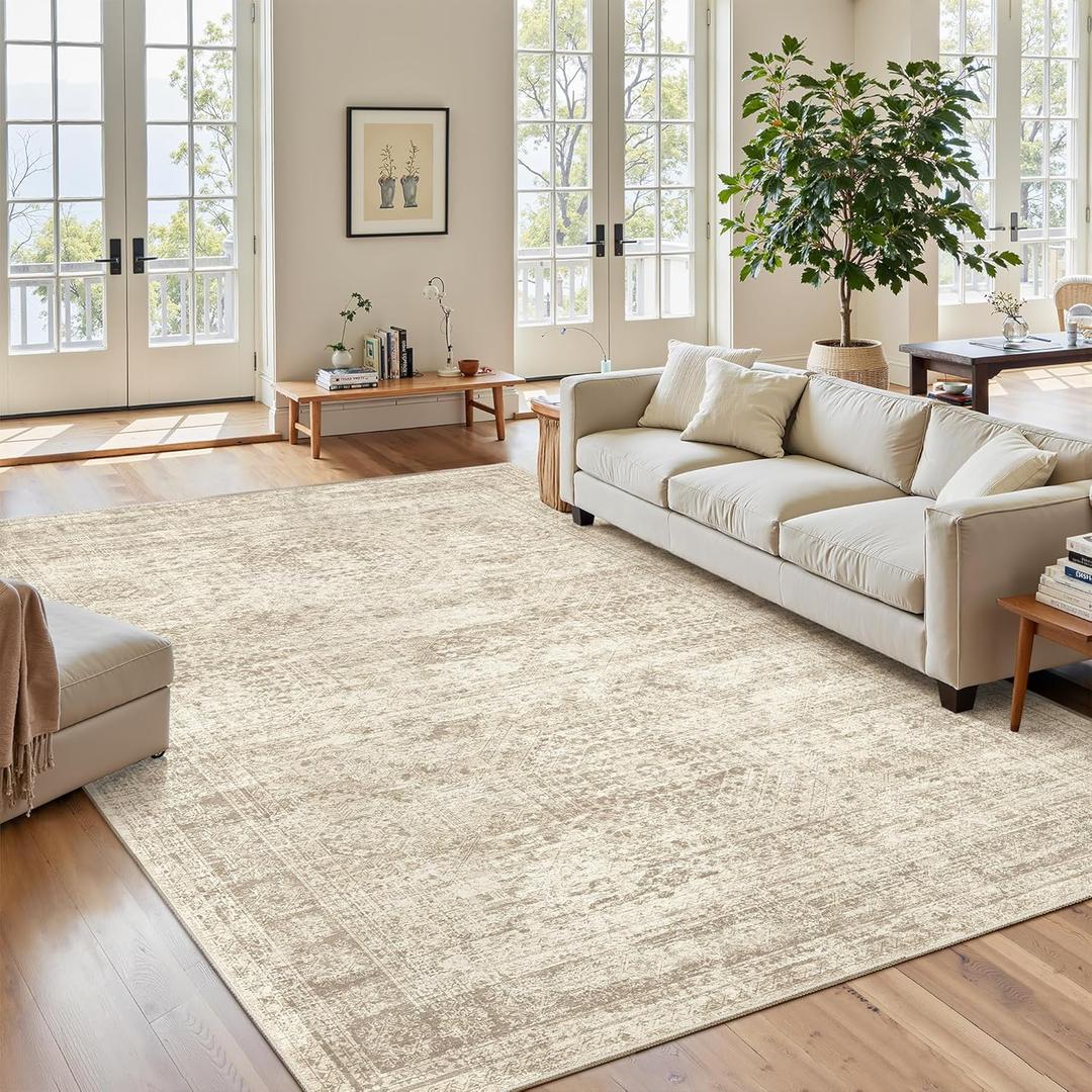Soalmost 7x9 Area Rug for Living Room Washable Abstract Vintage Soft Thin Indoor Floor Non-Slip Carpet for Bedroom Dining Room Beige
