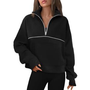 Avanova Women Half Zip Collared V Neck Pullover Pockets Long Sleeve Sweatshirts Black Medium (Black, M)