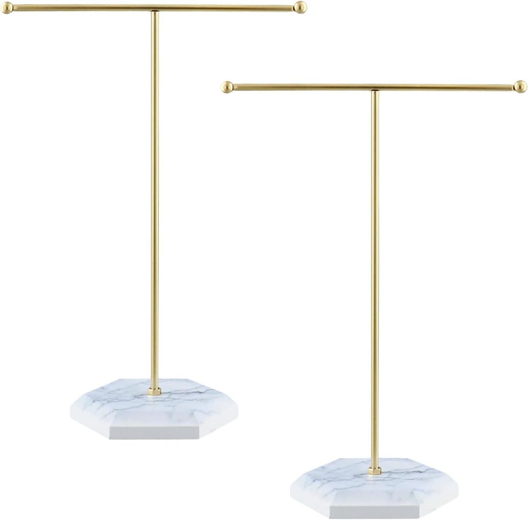 QWORK Jewelry Stand Display Necklace Holder with Electroplated Metal & White Marble Plywood Base - 2 Pack Durable & Stylish Organizer for Stores and Home Use