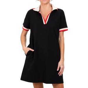 Polo Mini Dress for Women Casual V Neck Short Sleeves Tennis Dress Contrast Trim Shirt Dress with Pockets (Small, Black)