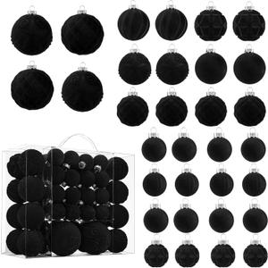 Velvet Christmas Ball Ornaments - 46pcs Flocked Christmas Tree Decorations Set Assorted Shatterproof Hanging Ornaments with Loop for Xmas Holiday Home Decor, 3 Sizes (Black)