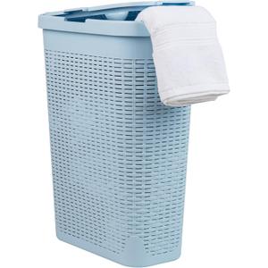 Mind Reader Slim Laundry Hamper with Lid, 40L Clothes Basket, Narrow Tapered Design with Ventilated Cutout Pattern, Plastic, Baby Blue
