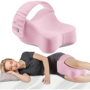 Knee Pillow for Side Sleepers, Memory Foam Leg Pillow Between Knees, Relieves Back, Hip & Knee Pain While Aligning Spine, Adjustable Strap, 14 Inch (Pink)