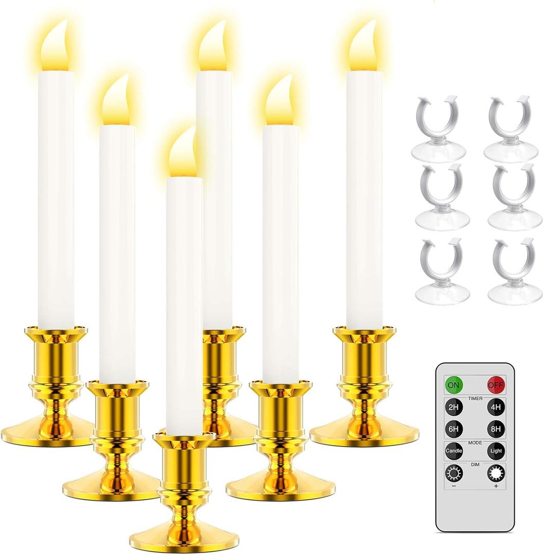 RONXS LED Window Candles With Timer, Flickering Flameless Taper Candles With Remote, Battery Operated, Indoor Christmas Decorations (6 Pcs Gold)