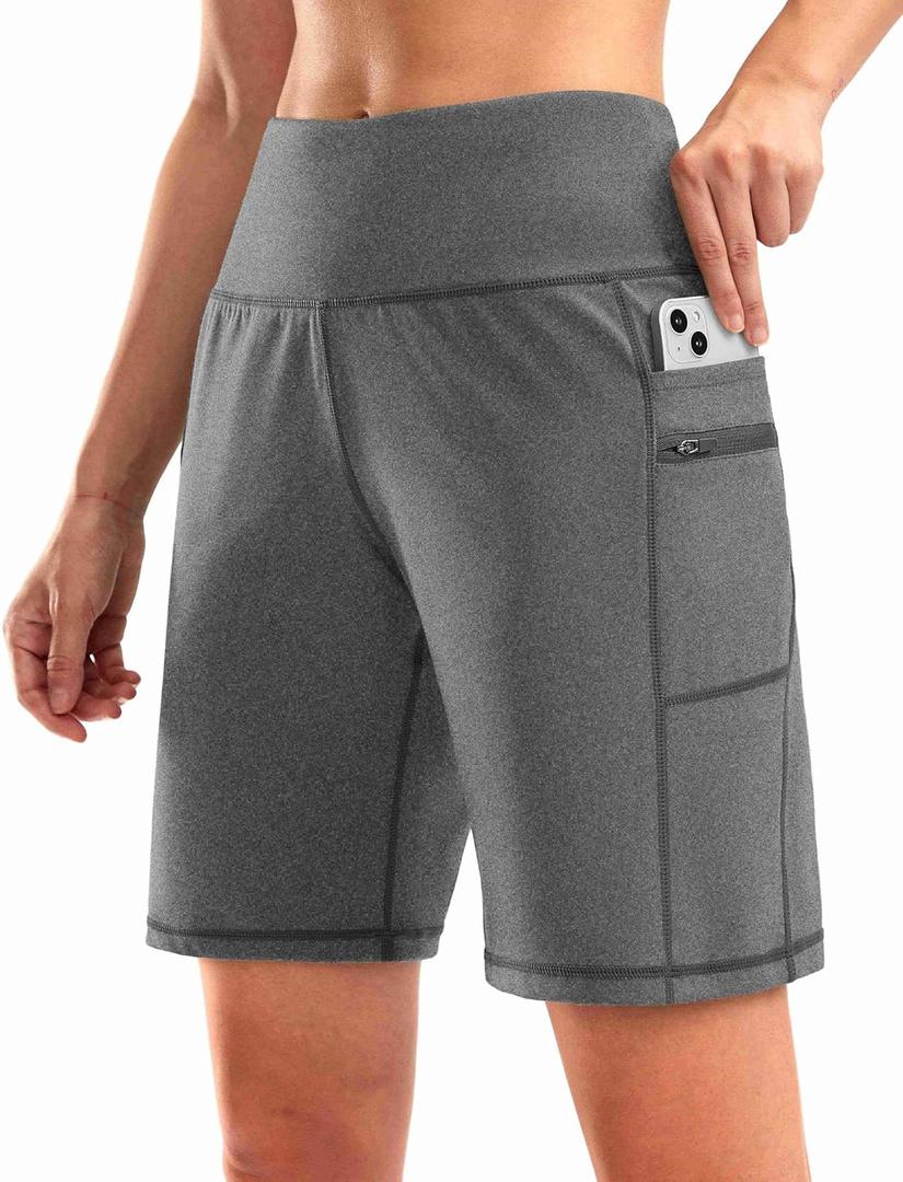 G Gradual Women's High Waisted 9" Bermuda Shorts with Zipper Pockets Athletic Workout Long Shorts for Women Knee Length (Gray, XXL)
