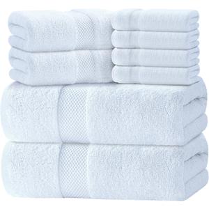 Luxury White Bath Towel Set of 8 Pieces - 100% Turkish Cotton Highly Absorbent Towels for Bathroom, 2 Luxury Bath Towels 700GSM, 2 Hand Towels, 4 Washcloths