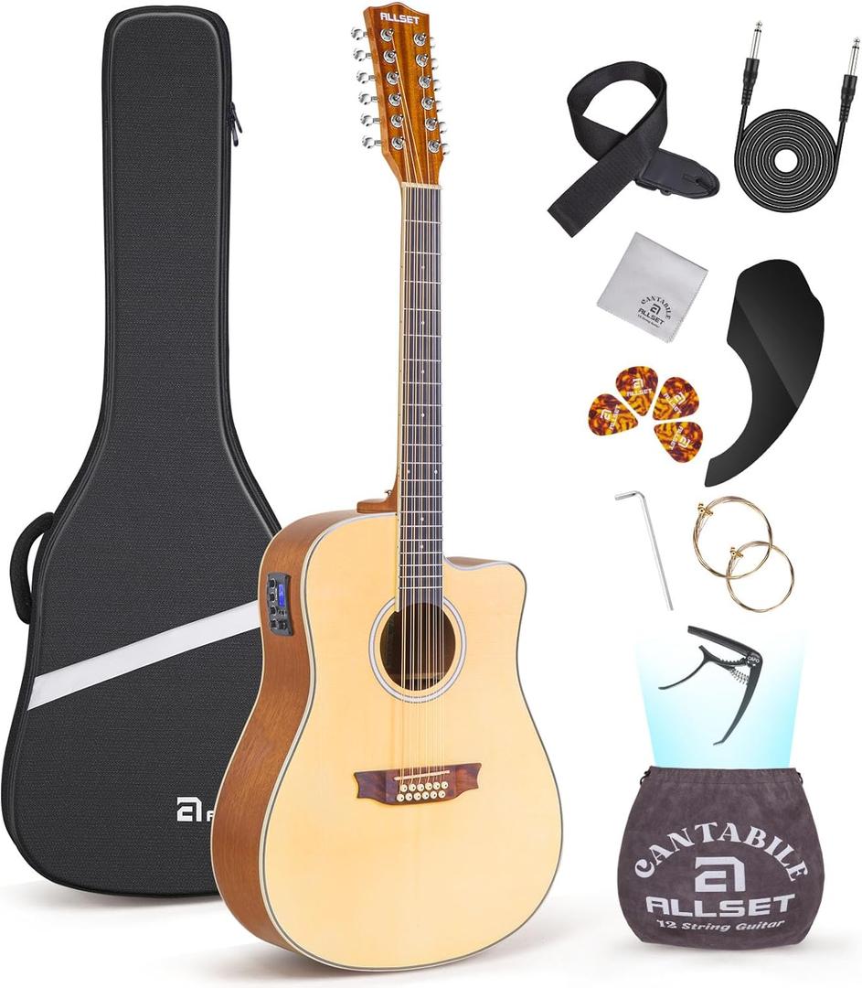 12 String Guitar - Acoustic Electric Guitar Kit For Fingerstyle, Adi Spruce Top Guitarra de 12 Cuerdas with Gig Bag, Picks, Strings, Strap - Natural Timber