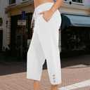 Womens Summer Capris Pants Causal Drawstring Elastic Waist Pants Lightweight Trousers Buttons Trim with Pockets White, 2XL