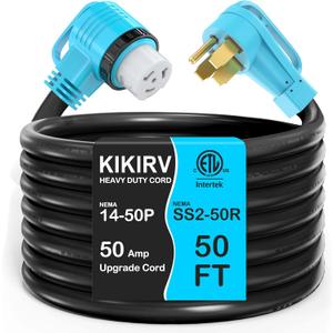50 Feet 50 Amp RV/Generator Cord, 100% Copper Wire, Newly Designed 90Grip Handle, NEMA 14-50P to SS2-50R Twist Lock, 6/3+8/1 Gauge STW Wire, ETL Listed