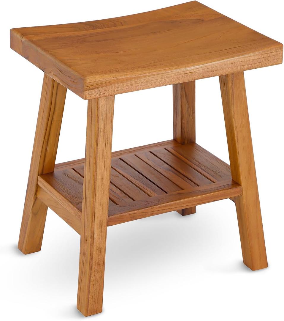 StrongTek Teak Shower Stool with Storage Shelf, 18-Inch Pre-Oiled Teak Wood Bath Seat Bench, Ergonomic Curved Seat, Easy Assembly, Water-Resistant, 350 lbs Capacity, Ideal for Bathroom, Spa & Home Use (Natural)