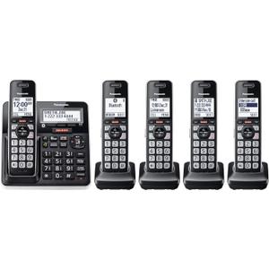 Panasonic Cordless Phone with Advanced Call Block, Link2Cell Bluetooth, One-Ring Scam Alert, and 2-Way Recording with Answering Machine, 5 Handsets - KX-TGF975B (Black with Silver Trim)