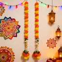 KYMY Artificial Marigold Garlands for Diwali Decorations, 2Pcs 4.3ft Long Flower Strands Hanging Dcor with Bells for Hindu Puja, Day of The Dead, Dia De Los Muertos, Wedding & Halloween Festival (Yellow)