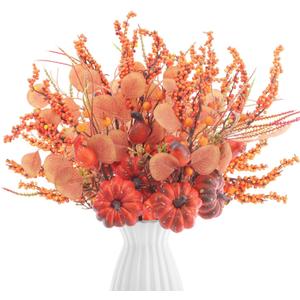 6 Pcs 19.6" Artificial Thanksgiving Pumpkin Picks Autumn Harvest Floral Pumpkin Stems Fall Table Centerpieces for Thanksgiving Wedding Home Table Vase Decor(Eucalyptus)