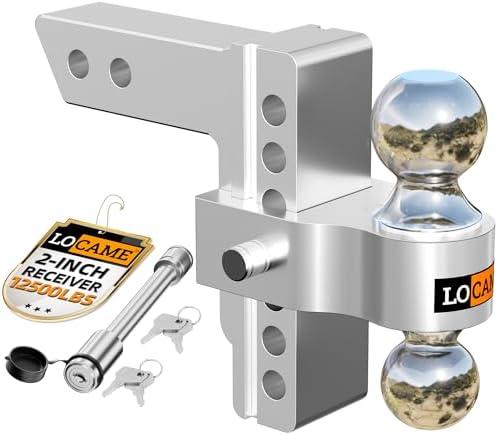 LOCAME Adjustable Trailer Hitch, Fits 2-Inch Receiver, 6-Inch Drop/Rise Aluminum Drop Hitch,12,500 LBS GTW-Tow Hitch for Heavy Duty Truck with Double Stainless Steel Locks, Silver