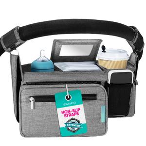 Swanoo Stroller Caddy Stroller Organizer With Cup Holder, Non Slip Straps Stroller Bag for Phone, Pet Stroller Accessories, Universal Fits Uppababby Vista v2 Wonderfold Wagon, Doona and More (Grey)