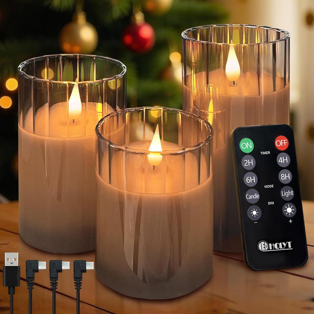 Rechargeable Flameless Candle, Flashing LED Pillar Real Wax Candle with Remote Control and Timer, Grey Stripes Glass Electronic Candles for Room Decoration, 1 Set of 3
