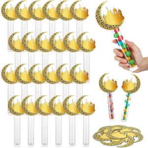 Lallisa 24 Set Mubarak Party Gifts Plastic Eid Mubarak Candy Tubes with Ramadan Card Topper Islamic Party Supplies Clear Treat Container for Eid Party Birthday Carnival Decoration