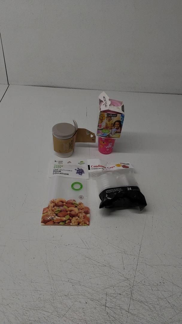 Snack Bags 3 CT, Condiment Cups 24 cups, 2oz, Wheat Fiber Cup with Spoon 4,9 oz. & Plastic Glasses 3 Pack, Set of 4