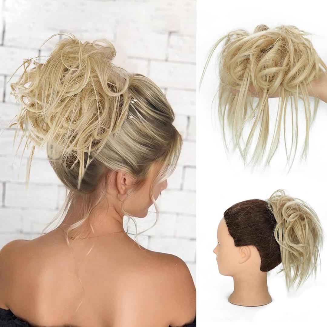 Lativ Messy Bun Hair Piece Scrunchie Extension Tousled Updo Wavy Curly Hairpieces Synthetic Chignon for Women Girls(Ash Blonde Mix Bleach Blonde)
