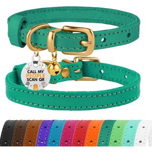BRONZEDOG Leather Cat Collar with Removable Bells Non Breakaway Kitten QR Tag for Girl Boy (7" - 9" for Cats, Green & Gold)