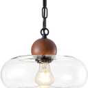 MWZ Modern Farmhouse Pendant Light Kitchen Island with Wood Accent, 11Large Clear Glass Hanging Ceiling Light for Dining Room,Rustic Industrial 1-Light Chandeliers Fixture, Adjustable Chain,E26 Base