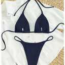 SHENHE Women's Ribbed Knit Halter Triangle Bikini Set Deep Blue (L)