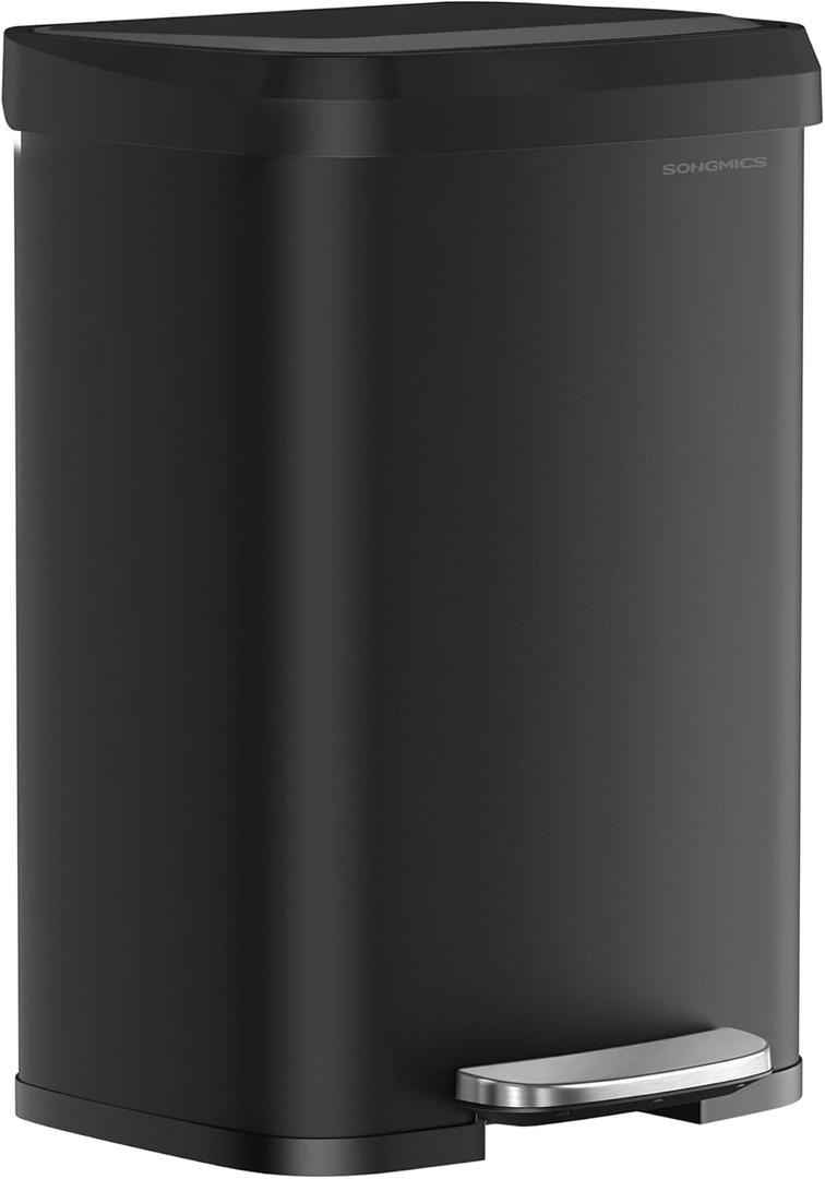 SONGMICS Kitchen Trash Can, 13 Gallon (50 L) Stainless Steel Garbage Can, with Stay-Open Lid and Step-on Pedal, Soft Closure, Tall, Large and Space-Saving, Black ULTB530B50