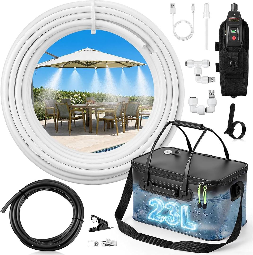 6Gallon Portable Misting System, 23FT Water Cooling Mister with Pump, Black