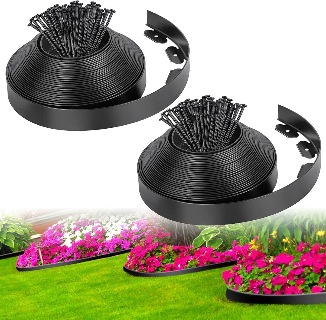 2-Inch x 66 FT Landscape Edging Border with 100 Spikes, No Dig Garden Border Edging Kit, Plastic Edging Border Flexible for Garden Flower Beds Lawn Yard Paver Pathway (Black)