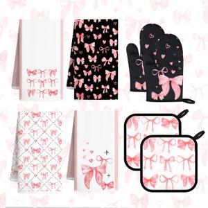 8 Pcs Cute Pink Bow Kitchen Towels and Dishcloths Sets Oven Mitts Pot Holders Set Mother's Day Absorbent Decor Accessories Gloves Potholders Heat Resistant for Chef Baking Cooking Home Gifts