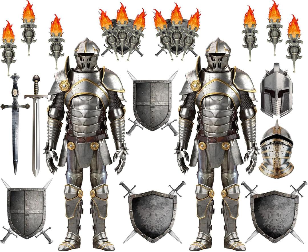30 Pieces Medieval Party Decorations 6 Feet Jointed Suit of Armor Knight Cut Out Torch Props Medieval Shield Photo Prop for Birthday Halloween Medieval Renaissance Knight Castle Party Wall Decoration