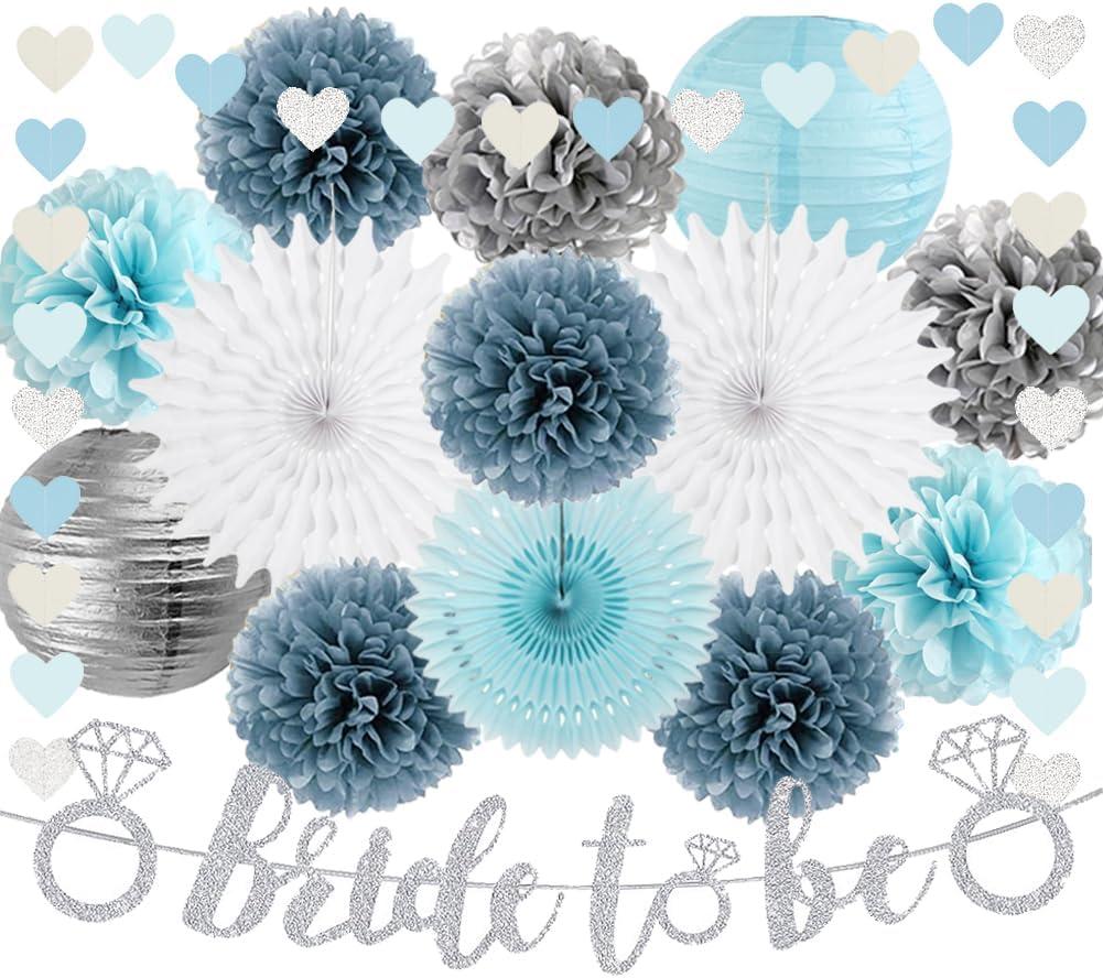Bridal Shower Decorations Dusty Light Blue and Silver Bachelorette Party Decorations Bride To Be Banner Blue White Silver Heart Garland Paper Pom Poms Fans Lanterns for Wedding Shower Party Decor