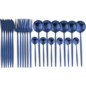 24-Piece Flatware Set, 18/0 Stainless Steel Knife Fork Spoon Teaspoon Silverware Set, Service for 6, MIrror Blue