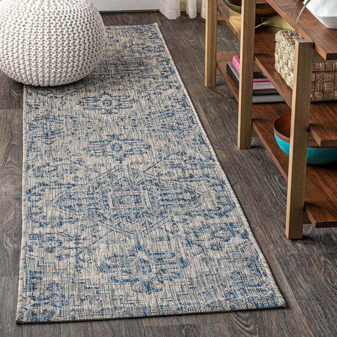 JONATHAN Y Boho Medallion Indoor Outdoor Runner Rug 2X10 Navy/Gray, Estrella Textured Weave for Backyard, Patio, Porch, Easy-Cleaning, High Traffic, Pet-Friendly, Non-Shedding (SMB105B-210)