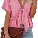Fanway&EC Women's Short Sleeve V Neck Blouses Ruffle Hem Tie Front Crop Tops Lightweight Basic Summer Tops, XXL