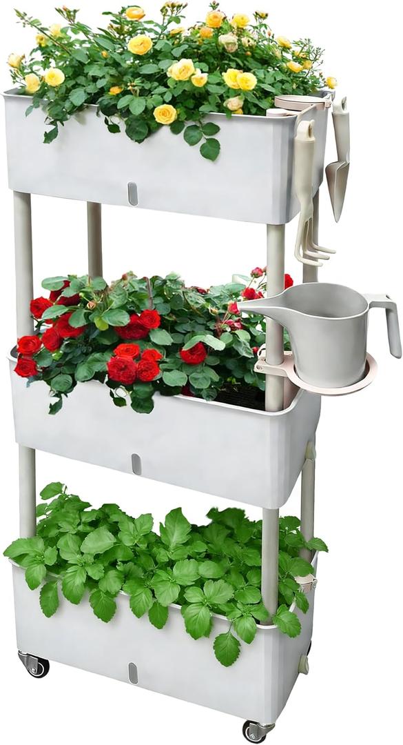 Self-Watering Raised Planter Box with Lockable Wheels,3-Tier Elevated Garden Bed with Visible Water Level Window,Indoor Outdoor Plastic Plant Box for Flowers,Vegetables & Herbs, Plus Size