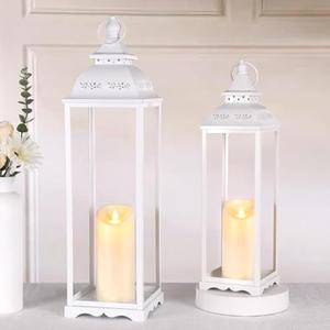 HAVITI 1 Pack Large Lanterns Decorative Outdoor, White Large Outdoor Lantern for Porch, 22''x6"x6" White Lanterns Decorative Indoor (no Glass) with 1PC Flameless Candles for Wedding Table Front Door