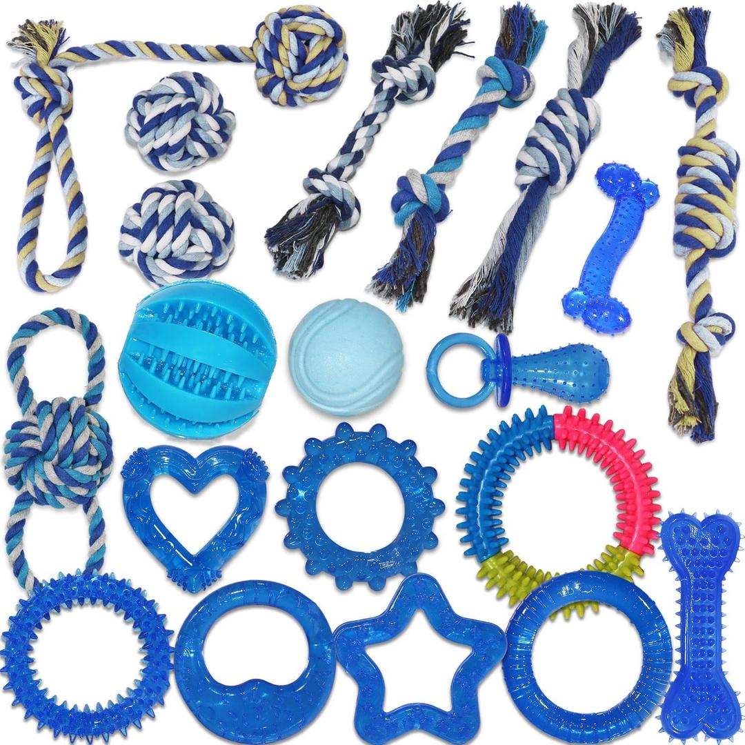 20 Pack Puppy Chew Toys for Teething & Fun (Chew Toys for Puppies 0-6 Months Bundle with Various Rubber Rings, Rope Toys and Balls for Interactive Play, Teeth Cleaning & Relief (Blue)