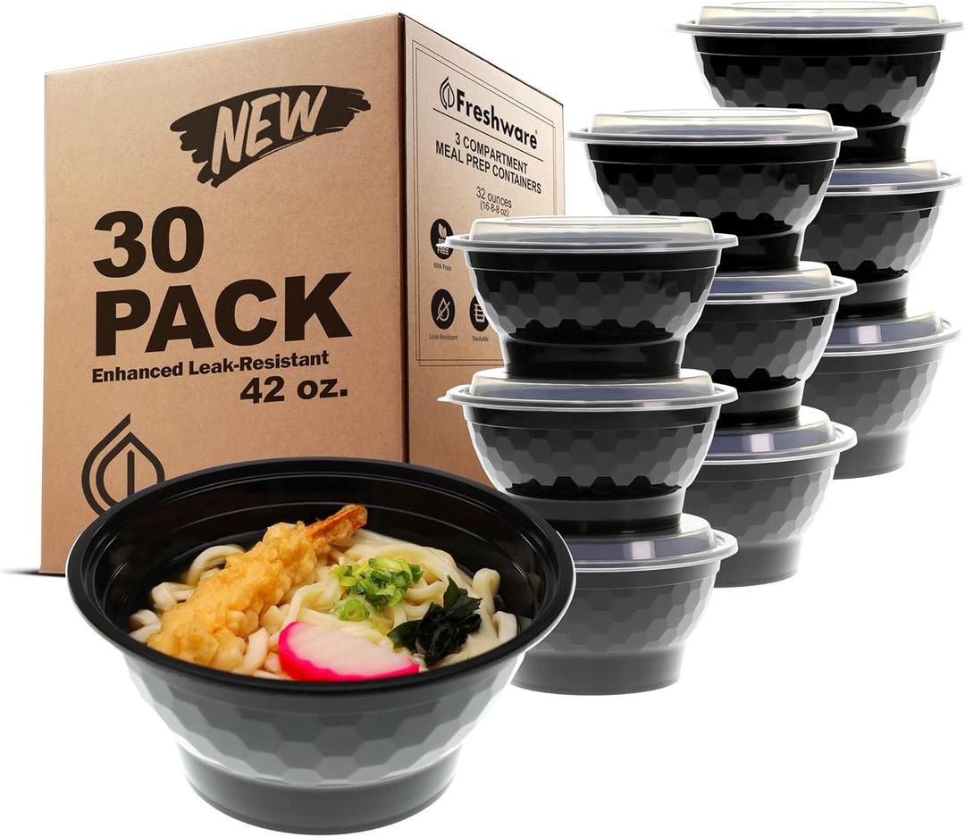 Freshware Meal Prep Containers with Lids [30 Pack] Plastic Bowls for Soup and Salad, Food Storage Bento Box, BPA Free, Stackable, Lunch Boxes, Microwave/Dishwasher/Freezer Safe 