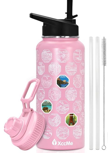 National Parks Water Bottle 40oz Tumbler with Handle and Flip Straw Lid Vacuum Insulated Stainless Steel Double Wall Travel Coffee Mug for National Parks Gift (40oz,Pink white)