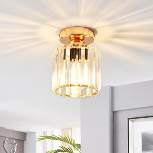 ANWIO Mini Crystal Semi Flush Mount Ceiling Light Fixture, Modern Small Gold Chandelier for Hallway Foyer Entryway Walk-in Closet Bedroom Kitchen, fit E26 Base Bulbs, 1-Light, 5.3inch