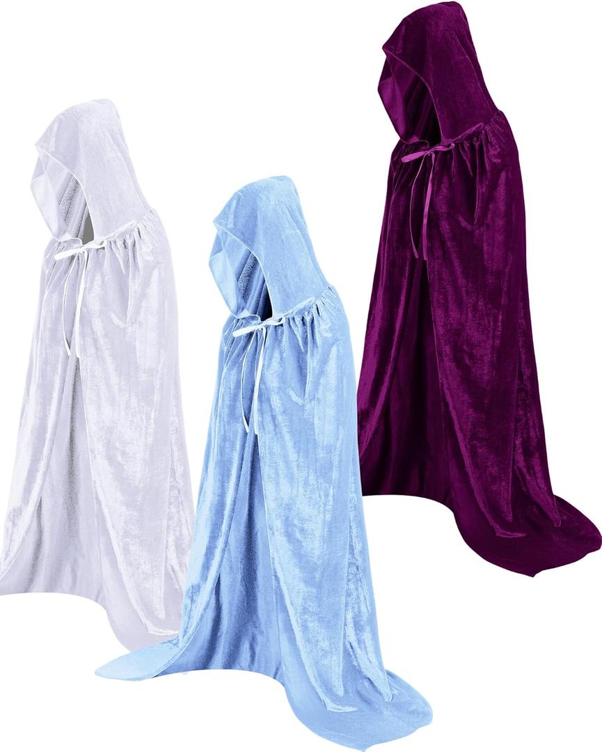Liitrsh 3 Pcs Christmas Large Queen Princess Costume Witch Sisters Adults Purple Blue White Hooded Robe Cloak for New Year Party Cosplay Wizard