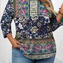 LOMON Plus Size Women Blouses 3/4 Length Sleeve Tops Crewneck Pleated Casual Tees Shirts 1X-5X (XXXL)