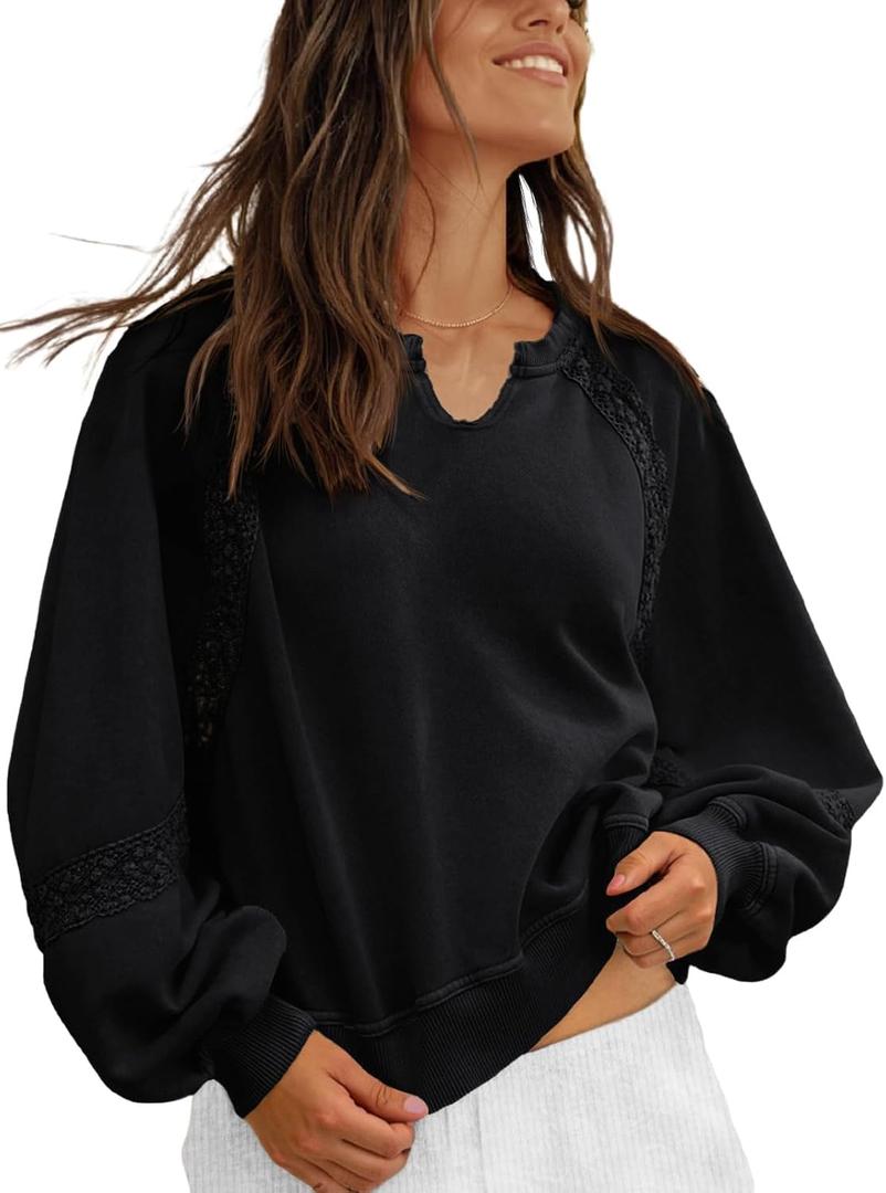 Womens Oversized Sweatshirts V Neck Lace Crochet Lantern Long Sleeve Pullover Cropped Tops Fall Outfits Clothes (Black, XL)