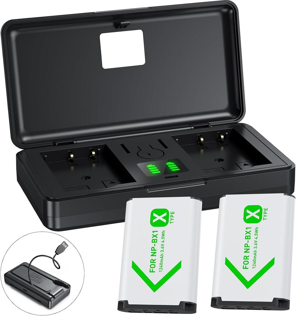 NP-BX1 Camera Battery (2 Pack) and 2-Channel USB Charger for Sony NP-BX1/M8, ZV-1, ZV-1F, ZV-1 II, Cyber-Shot DSC-HX80, HX90V, HX95, HX99, HX350, RX1, RX1R II, RX100 (II/III/IV/V/VA/VI/VII), AS300