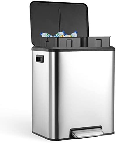 Garvee Dual Trash Can for Recycling and Trash, Stainless Steel Kitchen Trash Can with Lid and Foot Pedal, Double Compartment Garbage Can, with Recycling Bin (Silver, 8 Gallon(2x4Gal))